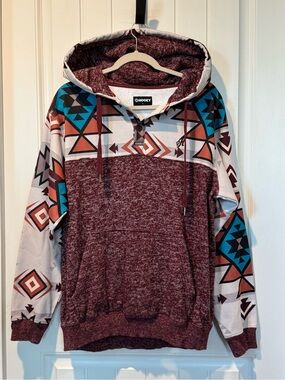 Hooey Maroon Hoodie with Teal & Rust Aztec Panels